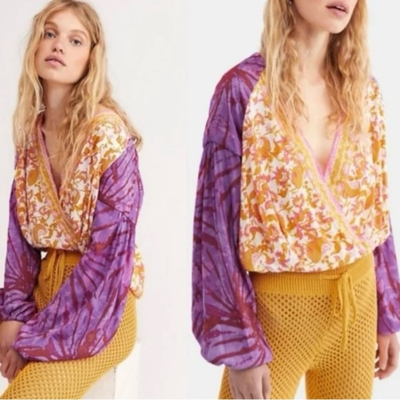 Free People Wrap Blouse in Orange and Yellow with Long Sleeves - Picture 2 of 14